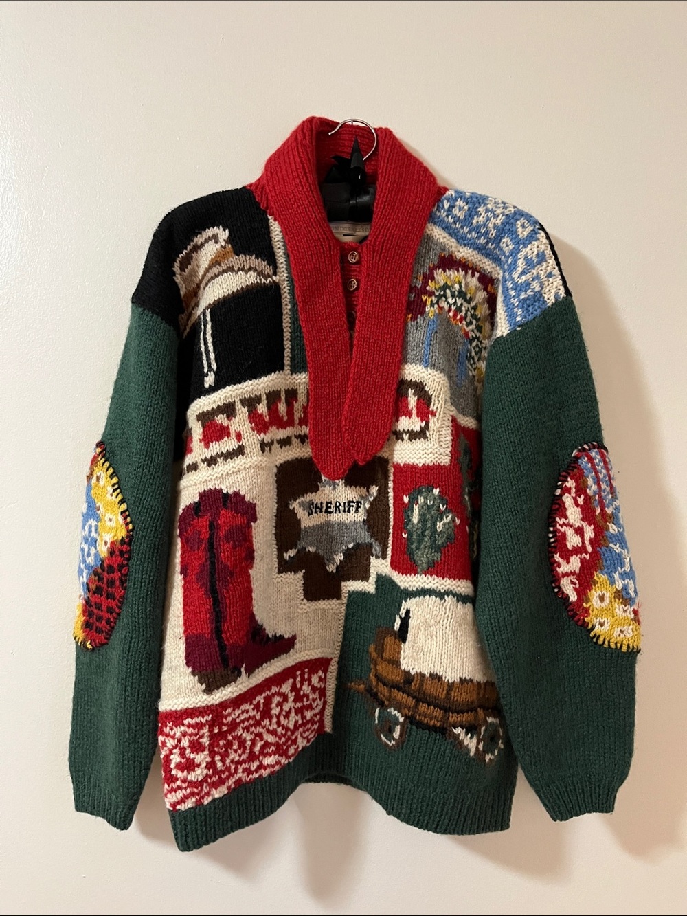 Men's Western Themed Sweater with Red Collar
